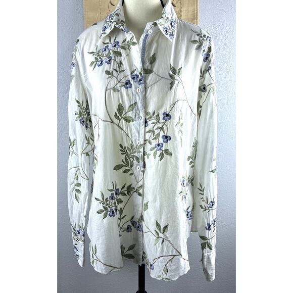 Wmns Curo Sz XL White Embroidered LS Button Front Floral India Career Bohemian - Picture 1 of 10